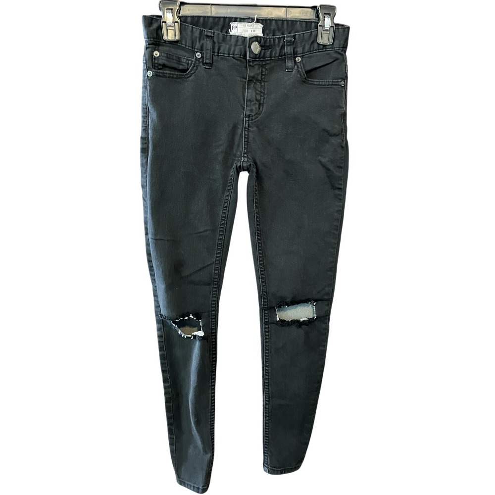 FREE PEOPLE JEANS Faded Black Stretch MID-RISE SKINNY ANKLE Holes in Knees SZ 26